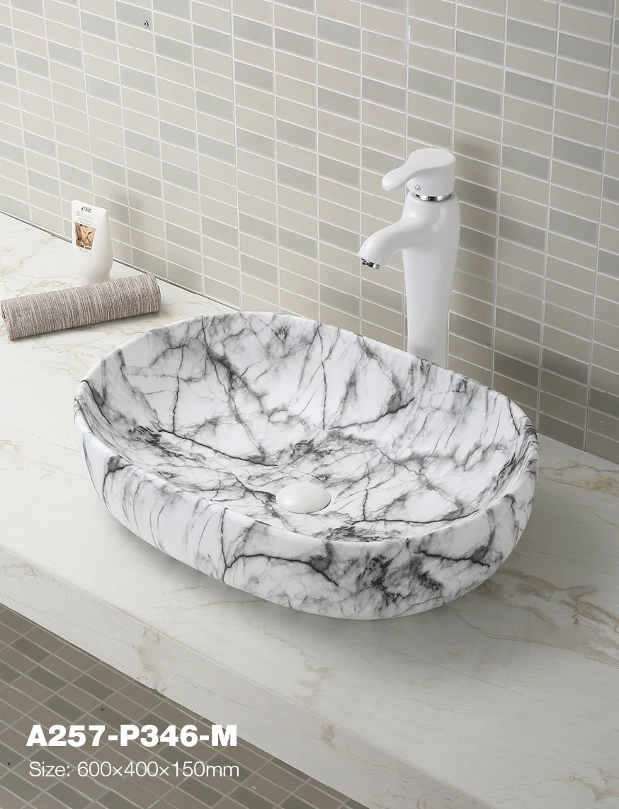 Marble-Pattern Oval Countertop Basin – White & Grey